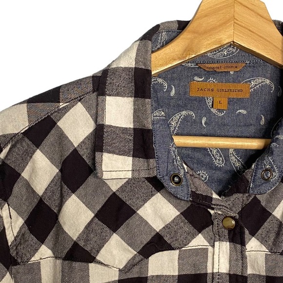 JACHS Girlfriend Flannel Womens Large Buffalo Plaid Black‎ White Western - Picture 3 of 10